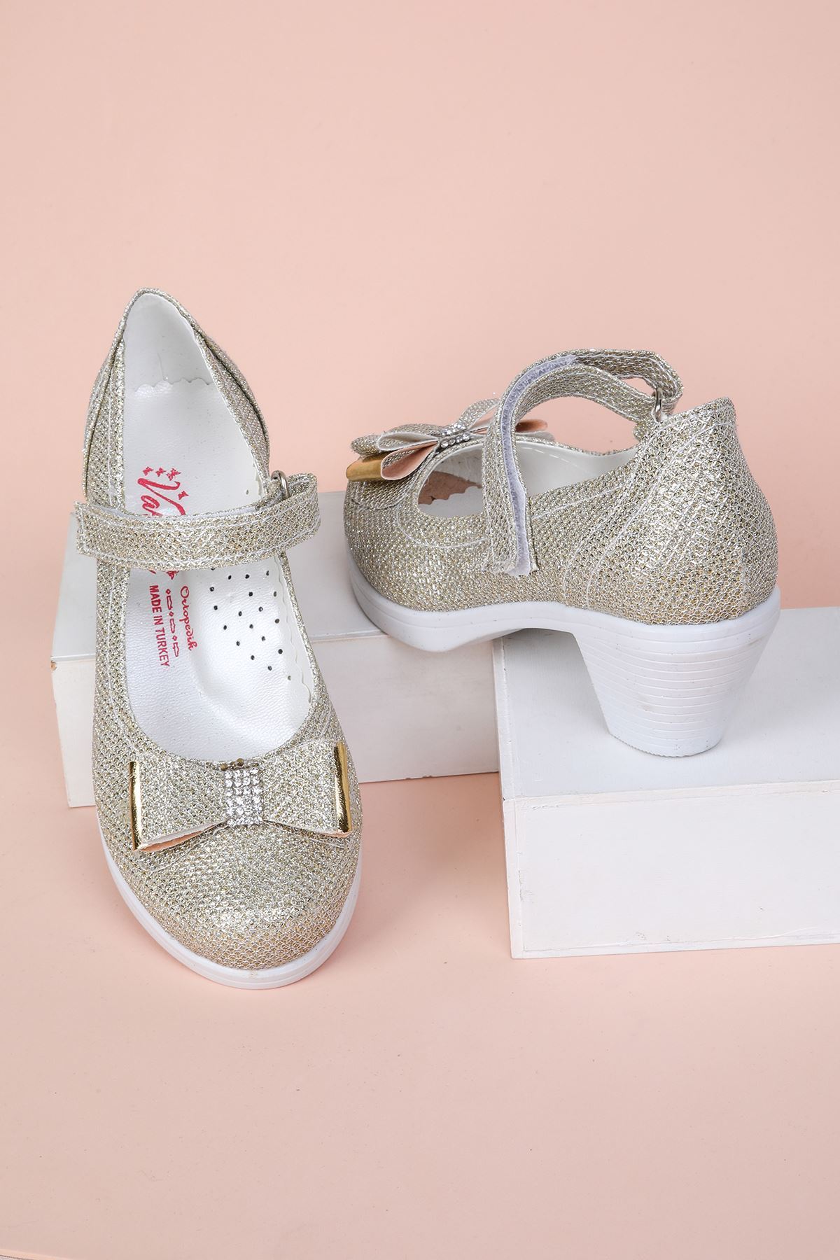 Topuklu Simli Altın Kız Çocuk Ayakkabı