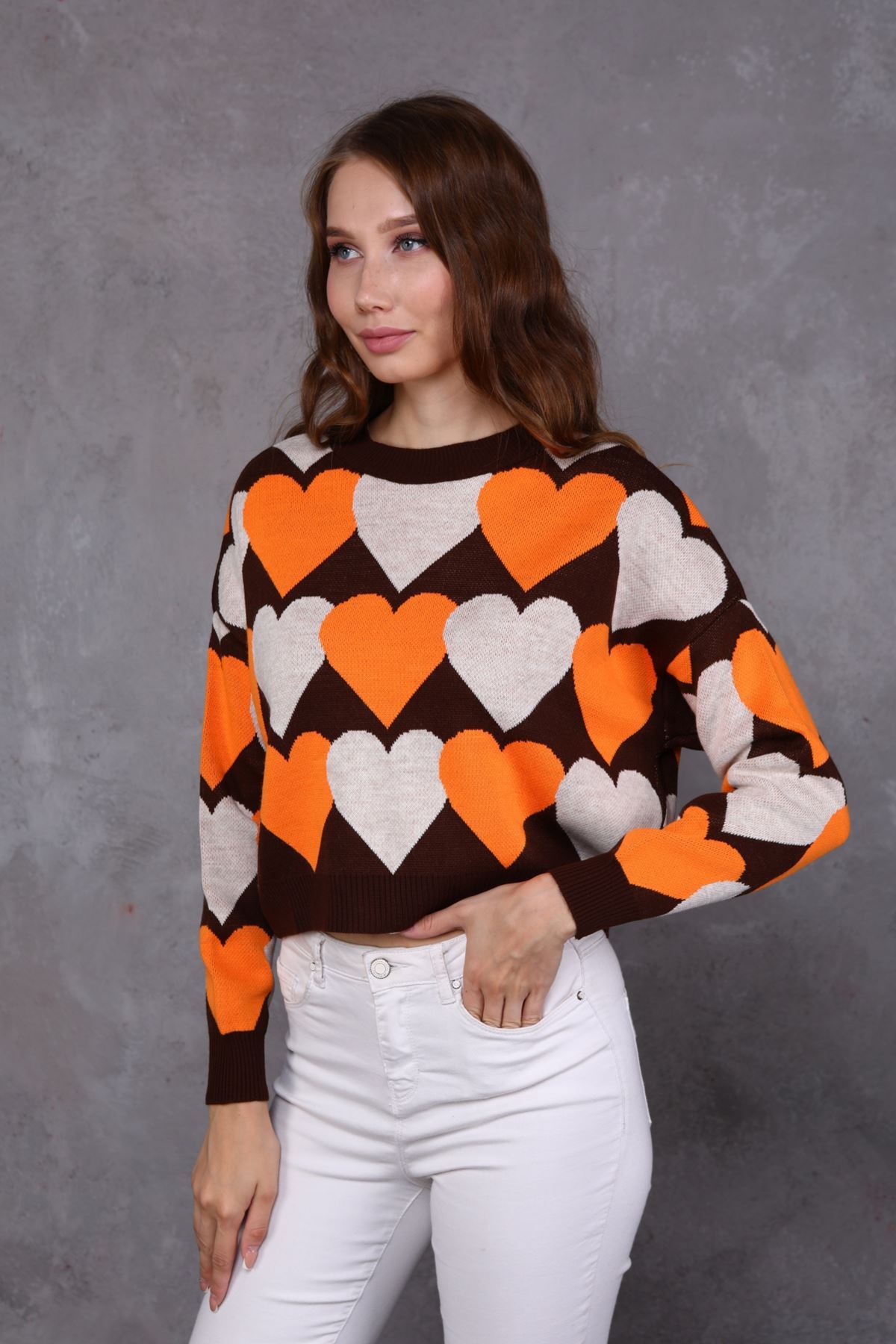 Kalp Desenli Kadın Triko Kazak