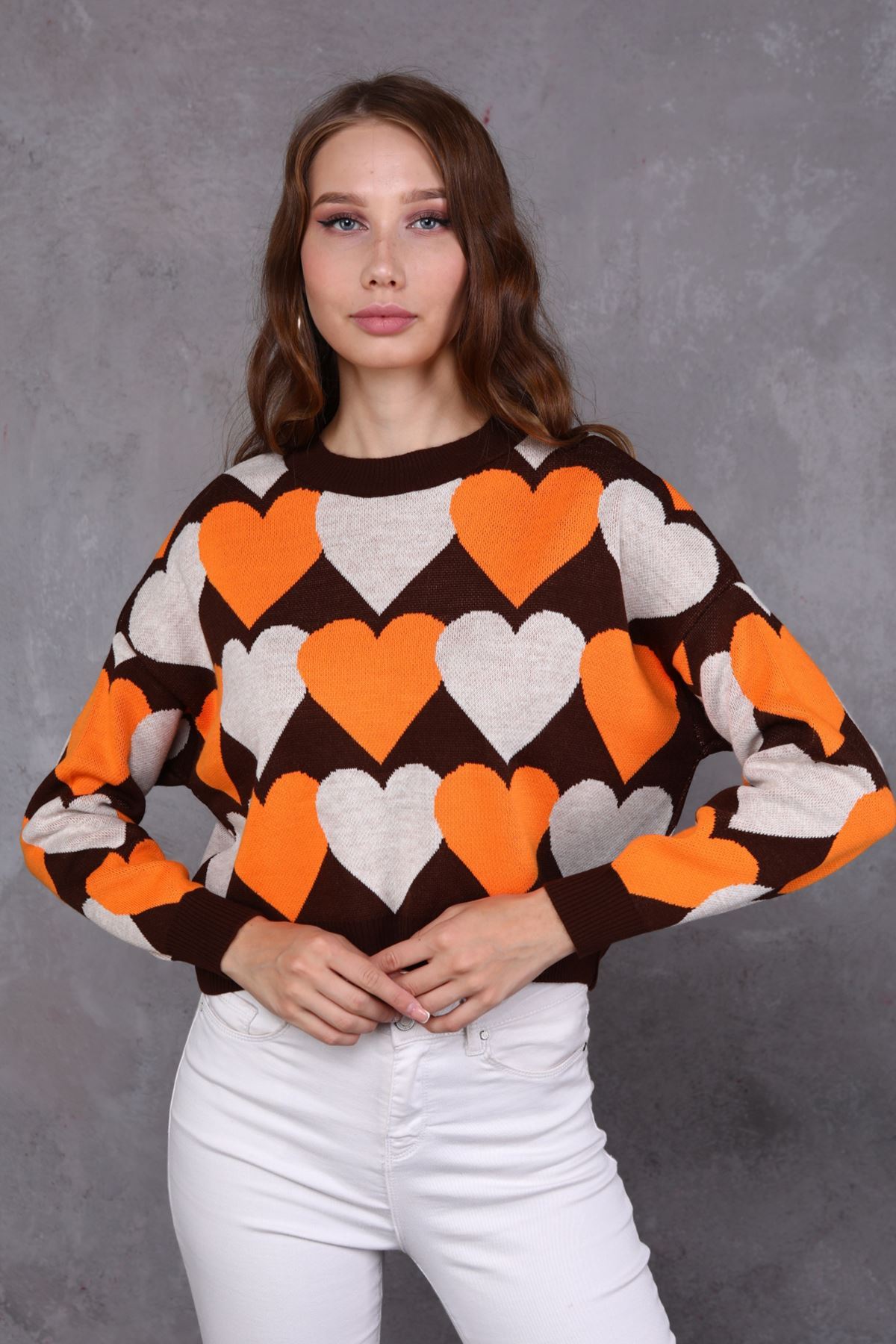 Kalp Desenli Kadın Triko Kazak