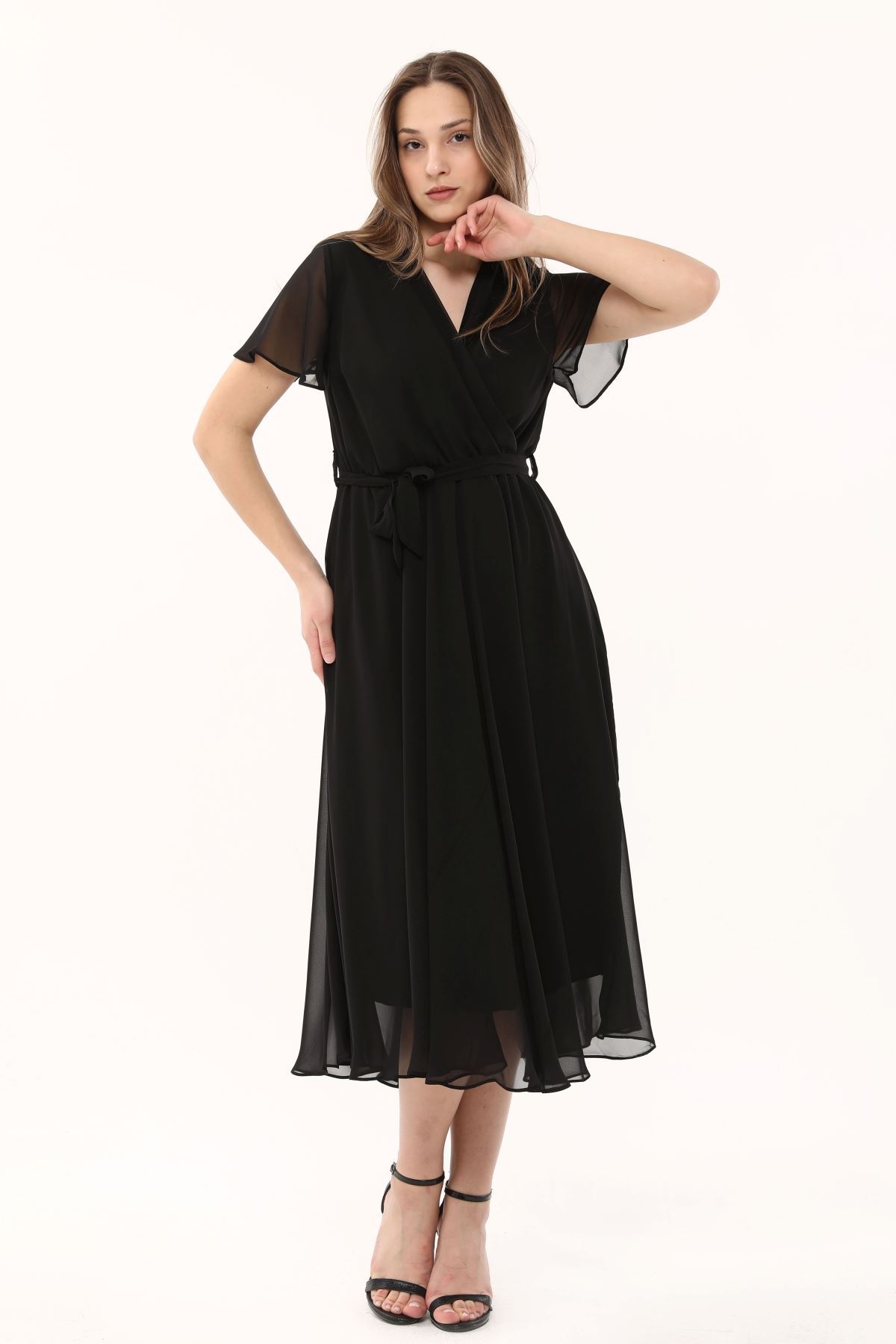 V Yaka Diz Altı Şifon Kadın Elbise