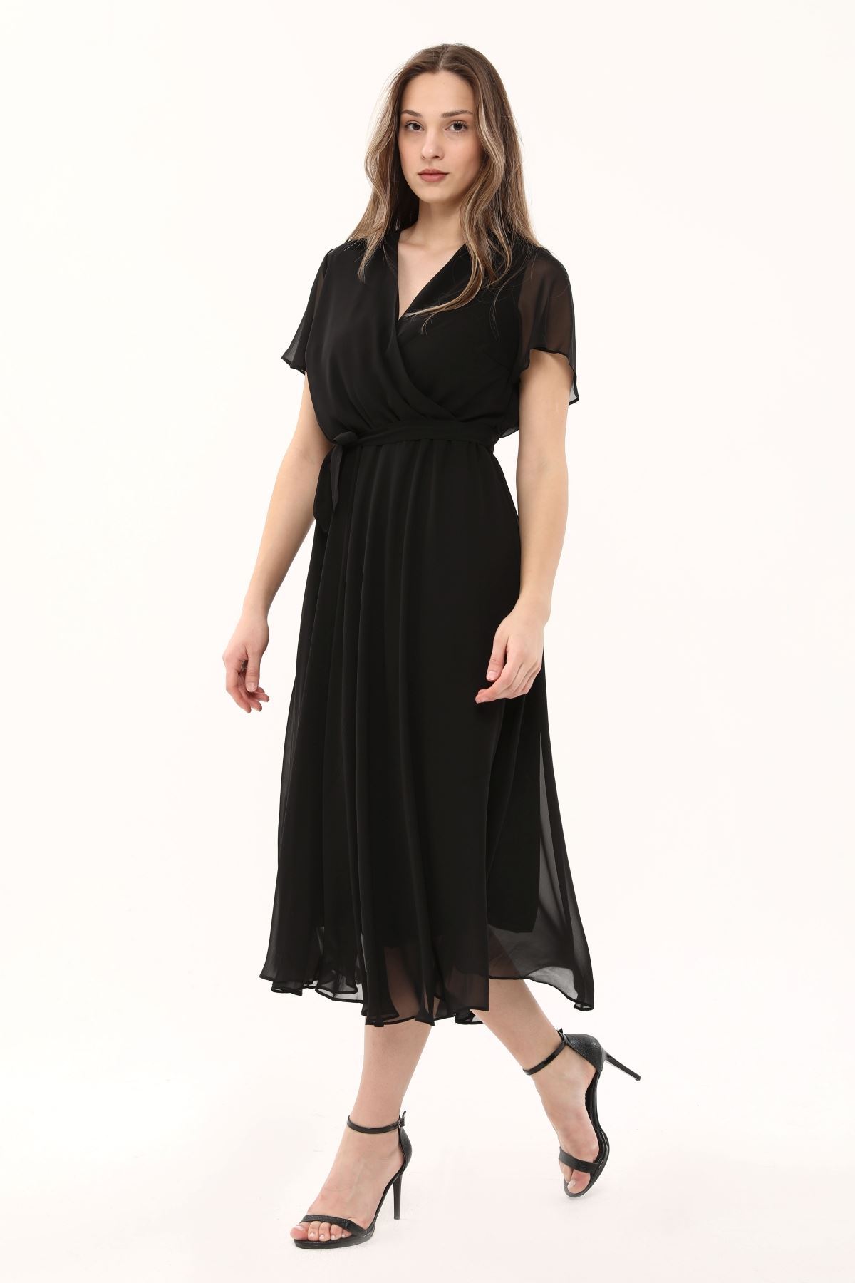 V Yaka Diz Altı Şifon Kadın Elbise