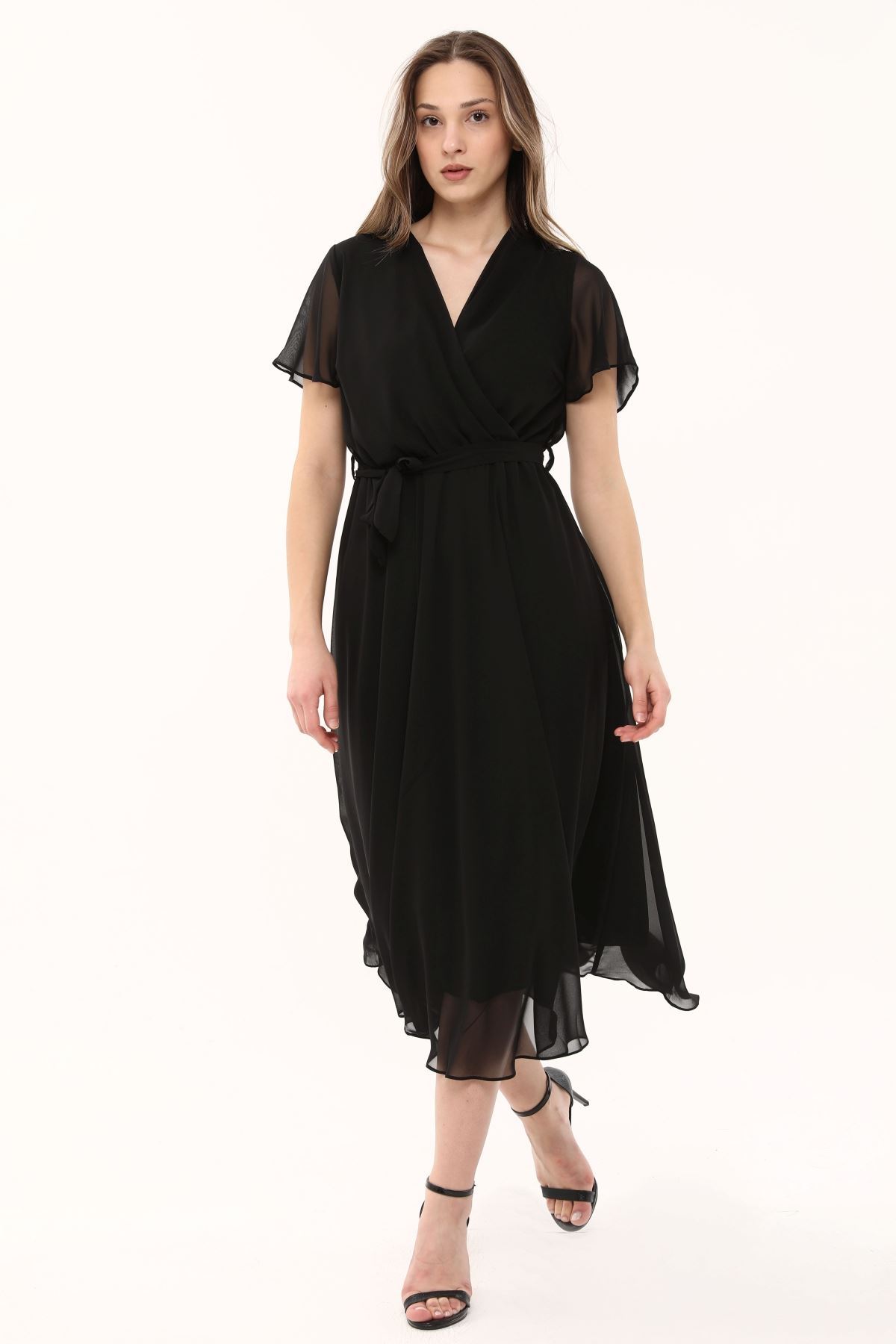 V Yaka Diz Altı Şifon Kadın Elbise