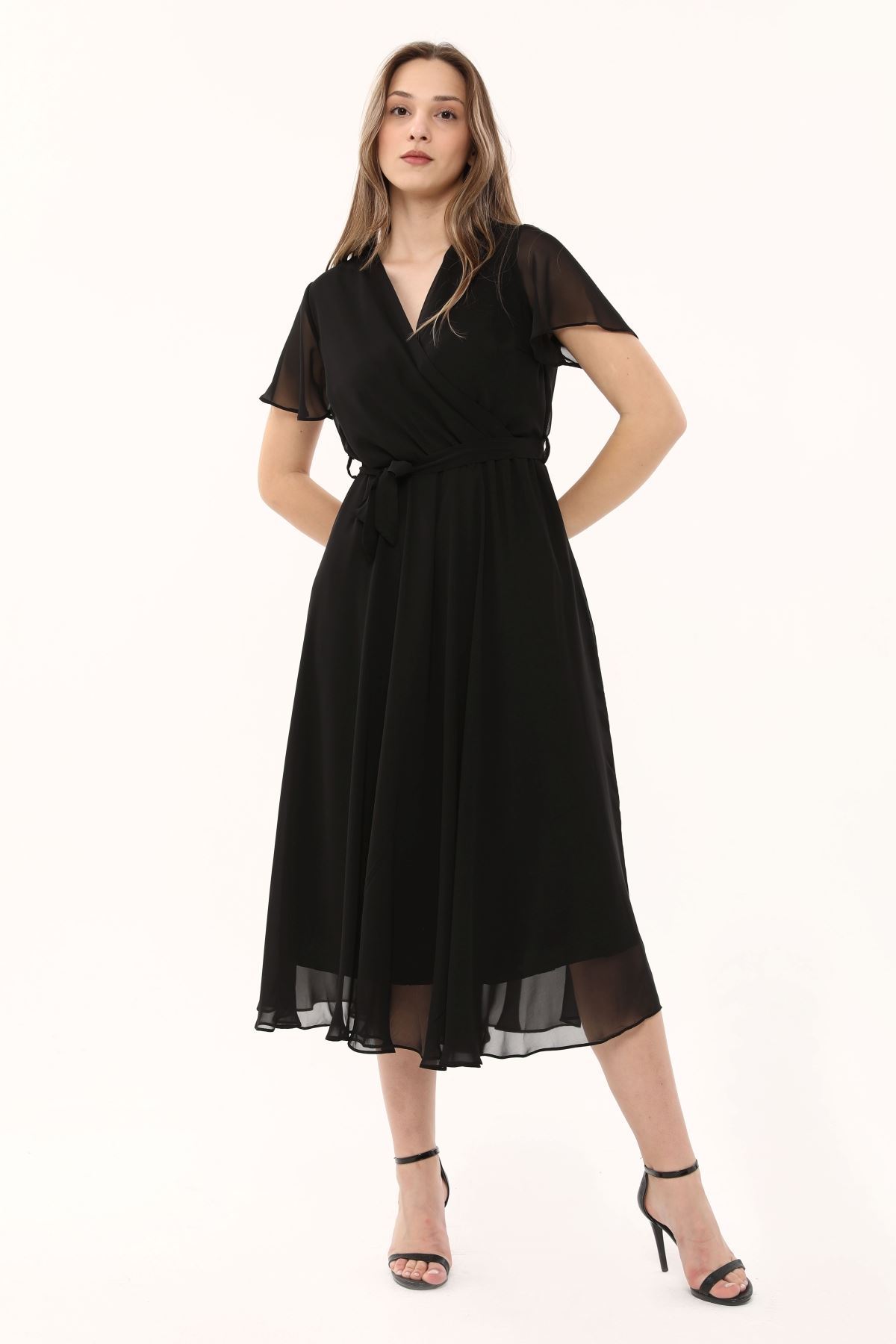 V Yaka Diz Altı Şifon Kadın Elbise