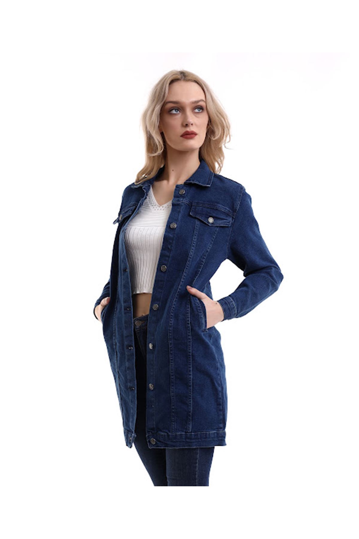 Lacivert Uzun Kadın Kot Ceket