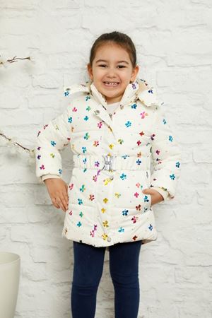 Kapşonlu İçi Polar Renkli Yonca Baskılı Şişme Mont