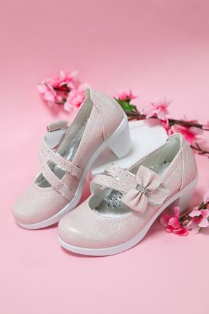 Topuklu Pembe Simli Kız Çocuk Ayakkabı