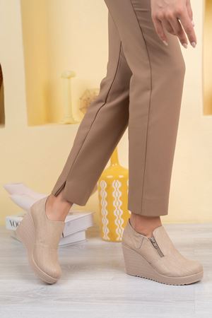 Dolgu Taban Yandan Fermuarlı Krem Kot Ayakkabı