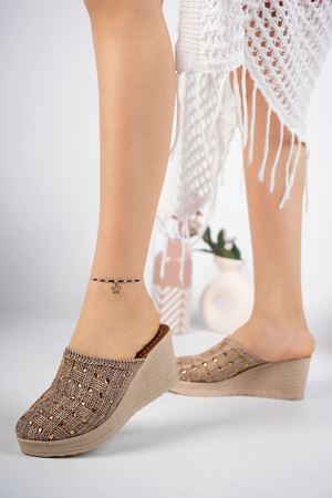 Dolgu Taban Ekose Örgü Önü Kapalı Taşlı Vizon Terlik