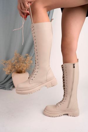 Fermuarlı Bağcıklı Uzun Krem Cilt  Kadın Postal Bot