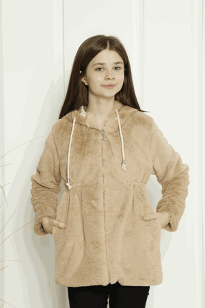 Kapşonlu Beli Büzgülü Kız Çocuk Mont