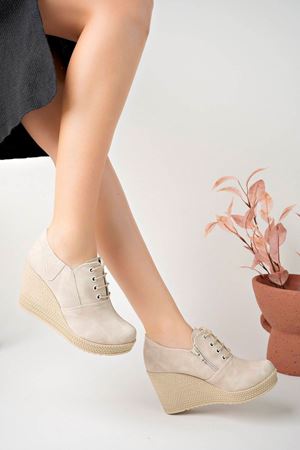 Dolgu Topuk Fermuarlı Krem Kot Kadın Ayakkabı