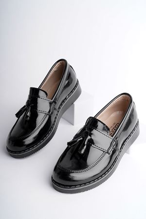 Püsküllü Ortapedik Termo Taban Siyah Rugan Erkek Çocuk Ayakkabı