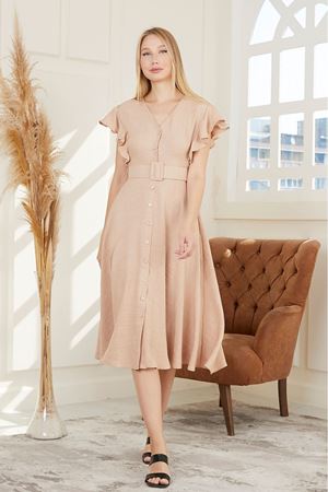 Kolları Fırfırlı Beli Kemerli Kadın Elbise