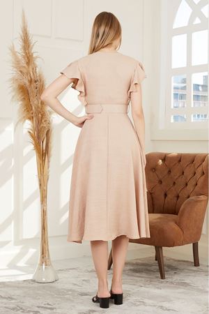 Kolları Fırfırlı Beli Kemerli Kadın Elbise