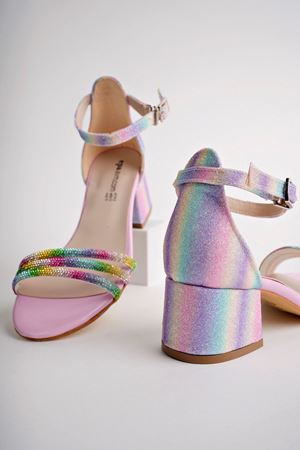 Topuklu Üç Bant Taşlı Gökkuşağı Kız Çocuk Ayakkabı