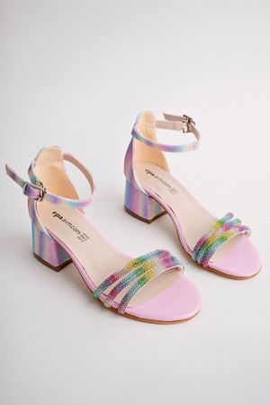 Topuklu Üç Bant Taşlı Gökkuşağı Kız Çocuk Ayakkabı