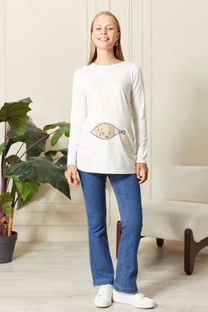 Uzun Kollu Baskılı Hamile Tişört