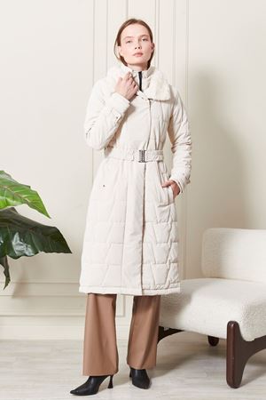 Uzun Kapitone Krem Kadın Kaban