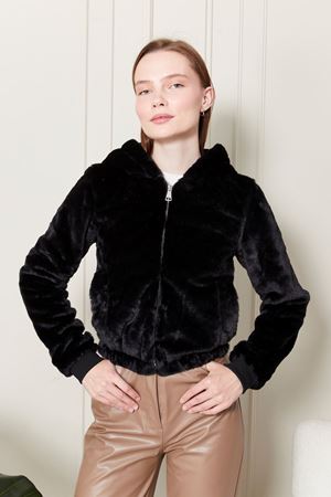 Kapşonlu Kısa Siyah Peluş Mont