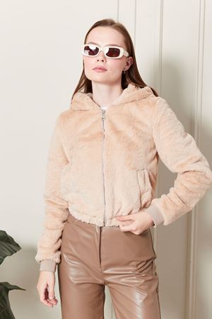 Kapşonlu Kısa Bej Peluş Mont