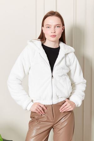 Kapşonlu Kısa Beyaz Peluş Mont