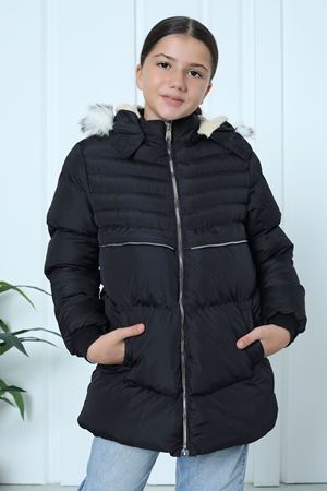 Kapşonlu İçi Yünlü Siyah Çocuk Kaban