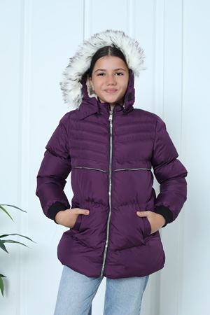 Kapşonlu İçi Yünlü Mor Çocuk Kaban