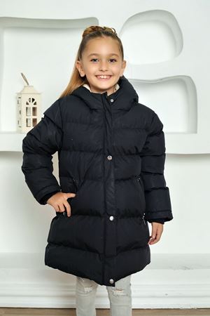 Kapşonlu İçi Yünlü Siyah Çocuk Kaban