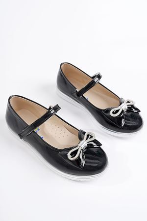 Taşlı Fiyonk Siyah Rugan Kız Çocuk Ayakkabı