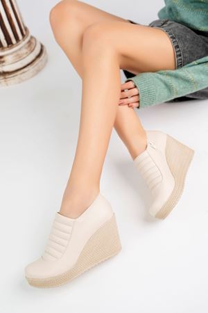 Dolgu Taban Fermuarlı Krem Cilt Kadın Ayakkabı