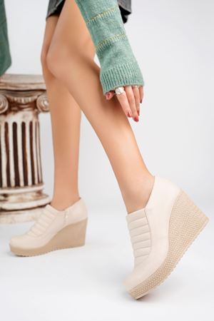 Dolgu Taban Fermuarlı Krem Cilt Kadın Ayakkabı