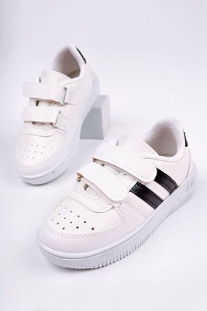 Beyaz Yanı Siyah Şeritli Cırtlı Çocuk Spor Ayakkabı